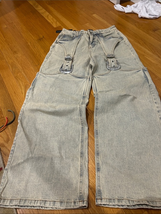 Fashion Nova Denim - Fashion Nova Light Blue Denim Jeans with Rhinestone Buckles